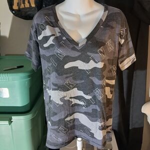 HTF PINK Victoria's Secret Bejeweled Gray & Blue Camo Short Sleeve Tee Oversized